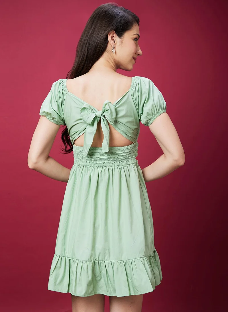 globus Globus Women Bow Detail Gathered Smocked Puff Sleeves Flounce Pure Cotton A-Line Dress